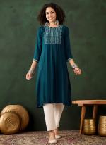 Rayon Teal Office Wear Embroidery Work Readymade Kurti